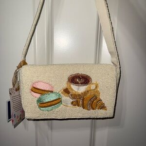 Elegant Cream Beaded Bag with Coffee and Pastry Design Macarons